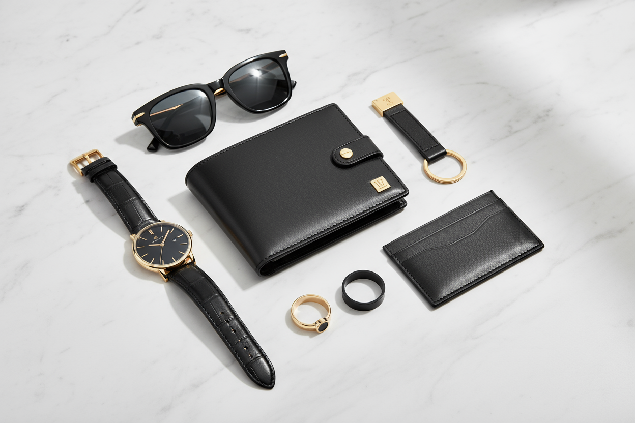 Nexus Echelon crafts premium leather goods and smart essentials that blend timeless craftsmanship with modern design. Rooted in a black, white, and gold aesthetic, the brand embodies modern luxury, confidence, and refined simplicity — elevating everyday style through quality, precision, and purpose. wallets rings glasses watches accesories in image